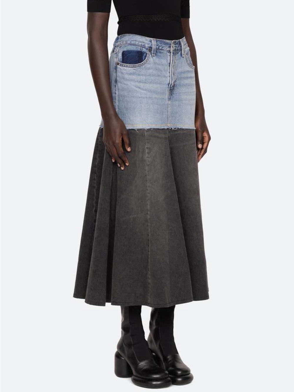 Sea New York Two-Tone Denim Midi Skirt — Light Blue & Charcoal